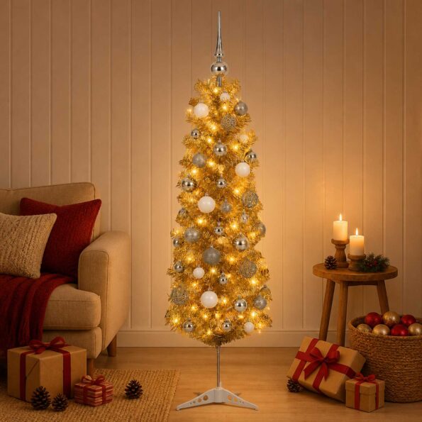 vidaXL Umelý štíhly vianočný stromček s ozdobami 150 cm 150 LED – Obrázok 3