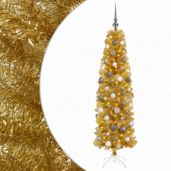 vidaXL Umelý štíhly vianočný stromček s ozdobami 210 cm 300 LED – Obrázok 2