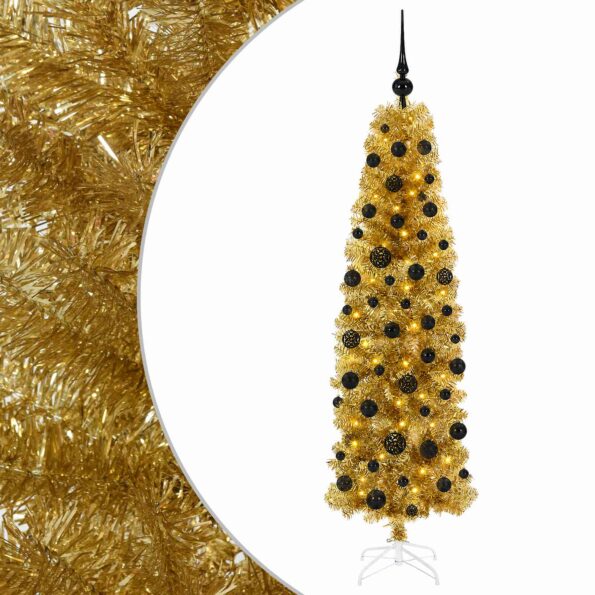 vidaXL Umelý štíhly vianočný stromček s ozdobami 180 cm 300 LED – Obrázok 2