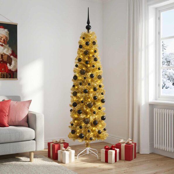 vidaXL Umelý štíhly vianočný stromček s ozdobami 180 cm 300 LED – Obrázok 3