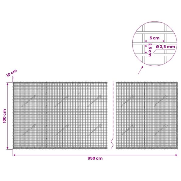 vidaXL Gabion s drôtom 3,5 mm a sieťou 5x2,5 cm 950x10x100 cm – Obrázok 6