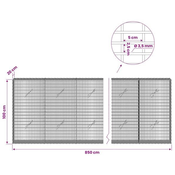 vidaXL Gabion s drôtom 3,5 mm a sieťou 5x2,5 cm 850x20x100 cm – Obrázok 6