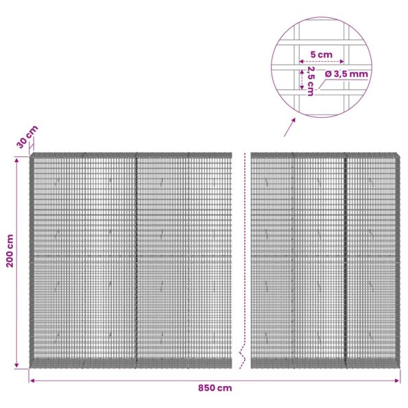 vidaXL Gabion s drôtom 3,5 mm a sieťou 5x2,5 cm 850x30x200 cm – Obrázok 6