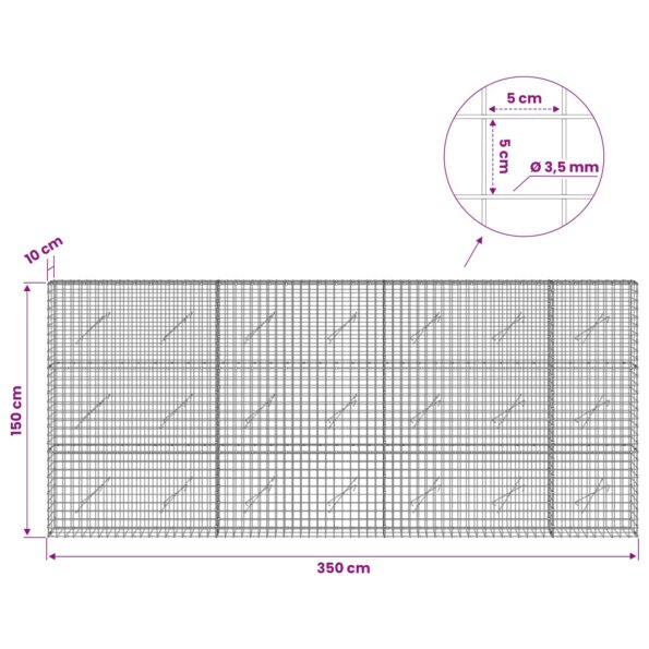 vidaXL Gabión s drôtom 3,5 mm a sieťou 5x5 cm 350x10x150 cm – Obrázok 6
