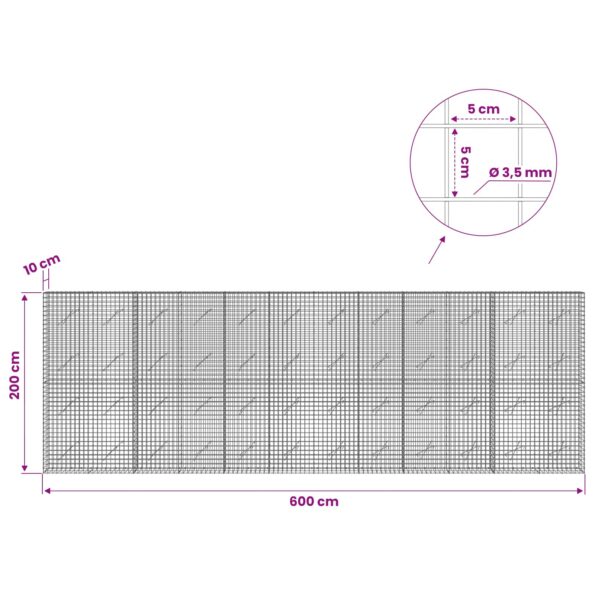 vidaXL Gabión s drôtom 3,5 mm a sieťou 5x5 cm 600x10x200 cm – Obrázok 6