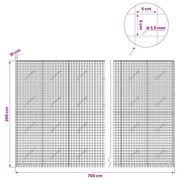 vidaXL Gabión s drôtom 3,5 mm a sieťou 5x5 cm 700x10x200 cm – Obrázok 6