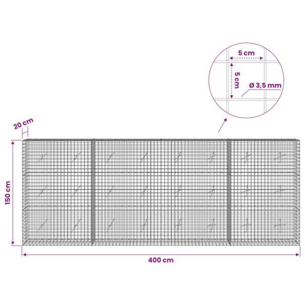 vidaXL Gabión s drôtom 3,5 mm a sieťou 5x5 cm 400x20x150 cm – Obrázok 6