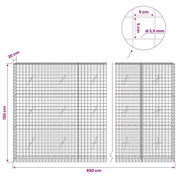 vidaXL Gabión s drôtom 3,5 mm a sieťou 5x5 cm 850x20x150 cm – Obrázok 6