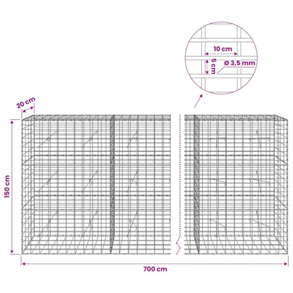 vidaXL Gabión s drôtom 3,5 mm a sieťou 5x10 cm 700x20x150 cm – Obrázok 6