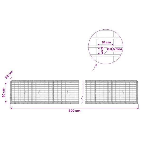 vidaXL Gabión s drôtom 3,5 mm a sieťou 5x10 cm 800x30x50 cm – Obrázok 6