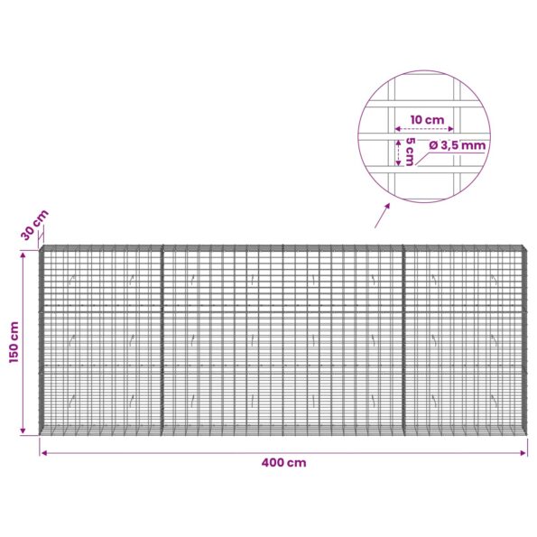 vidaXL Gabión s drôtom 3,5 mm a sieťou 5x10 cm 400x30x150 cm – Obrázok 6