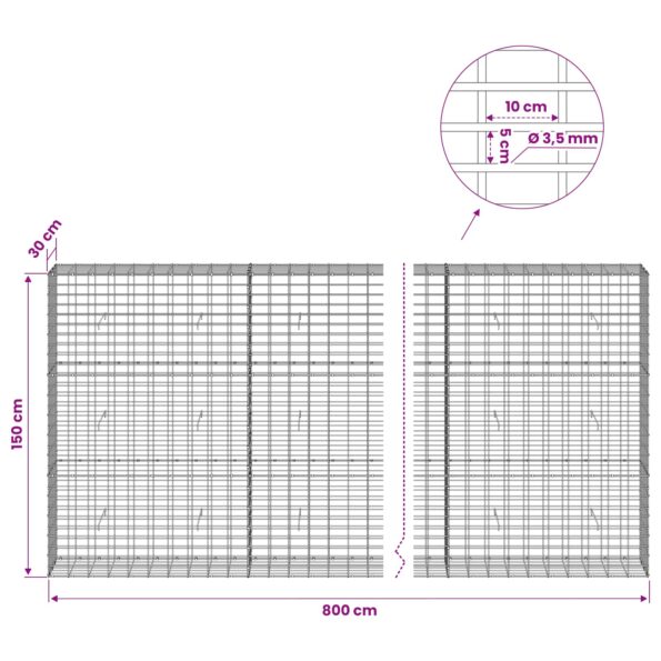 vidaXL Gabión s drôtom 3,5 mm a sieťou 5x10 cm 800x30x150 cm – Obrázok 6