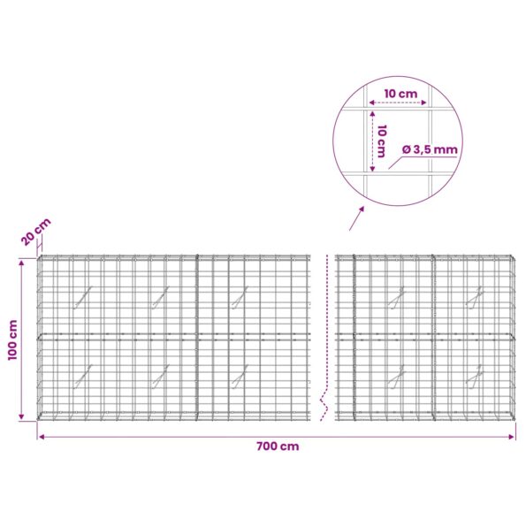 vidaXL Gabión s drôtom 3,5 mm a sieťou 10x10 cm 700x20x100 cm – Obrázok 6
