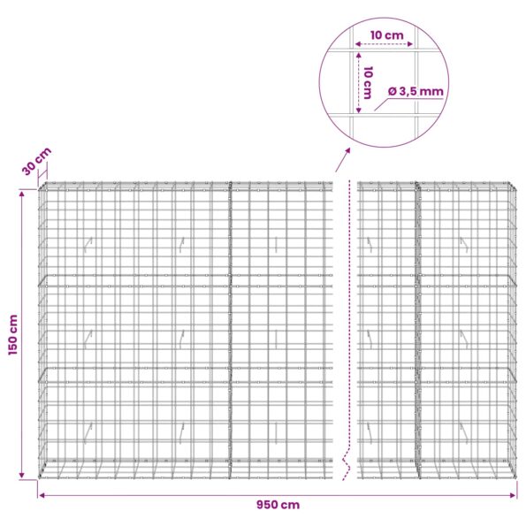 vidaXL Gabión s drôtom 3,5 mm a sieťou 10x10 cm 950x30x150 cm – Obrázok 6