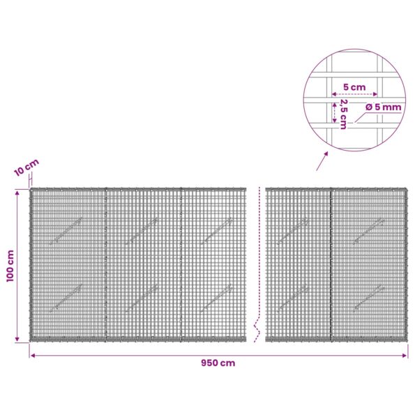 vidaXL Gabión s drôtom 5 mm a sieťou 5x2,5 cm 950x10x100 cm – Obrázok 6