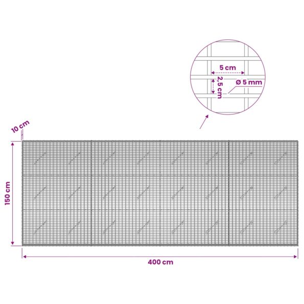 vidaXL Gabión s drôtom 5 mm a sieťou 5x2,5 cm 400x10x150 cm – Obrázok 6