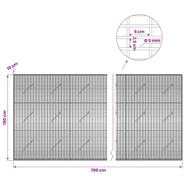 vidaXL Gabión s drôtom 5 mm a sieťou 5x2,5 cm 700x10x150 cm – Obrázok 6