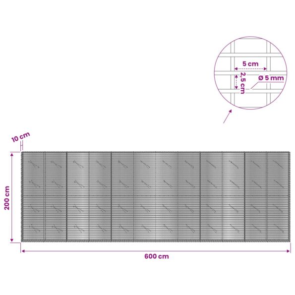 vidaXL Gabión s drôtom 5 mm a sieťou 5x2,5 cm 600x10x200 cm – Obrázok 6