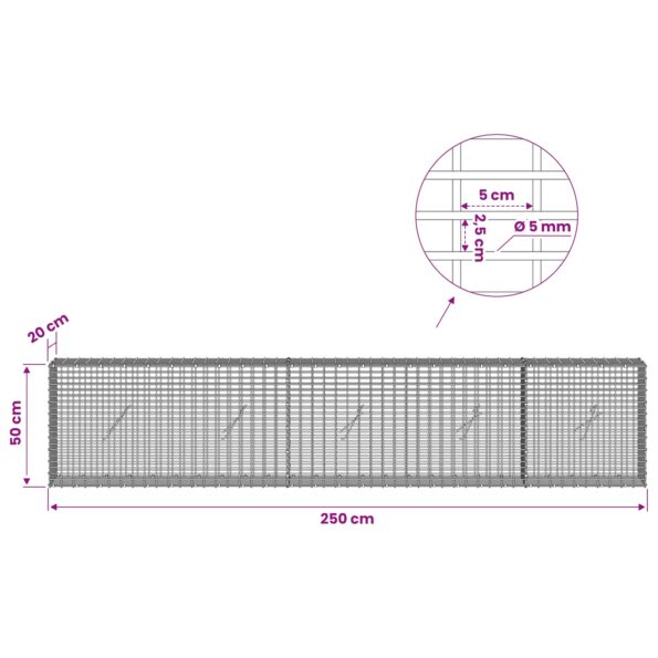 vidaXL Gabión s drôtom 5 mm a sieťou 5x2,5 cm 250x20x50 cm – Obrázok 6