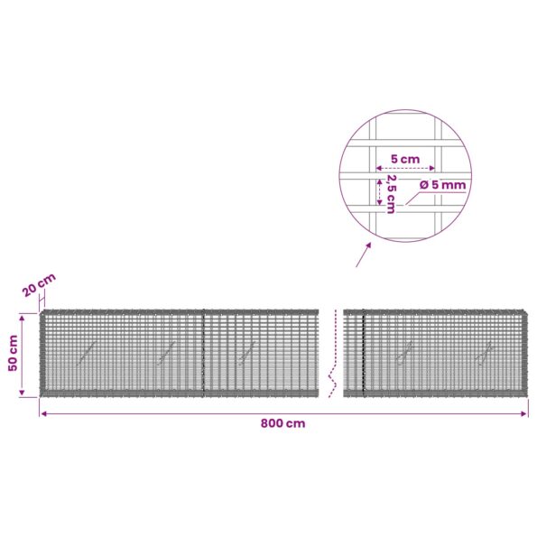 vidaXL Gabión s drôtom 5 mm a sieťou 5x2,5 cm 800x20x50 cm – Obrázok 6