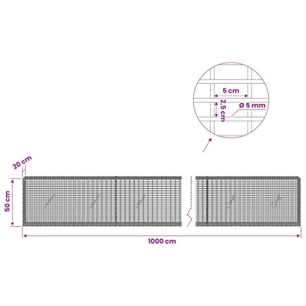vidaXL Gabión s drôtom 5 mm a sieťou 5x2,5 cm 1000x20x50 cm – Obrázok 6
