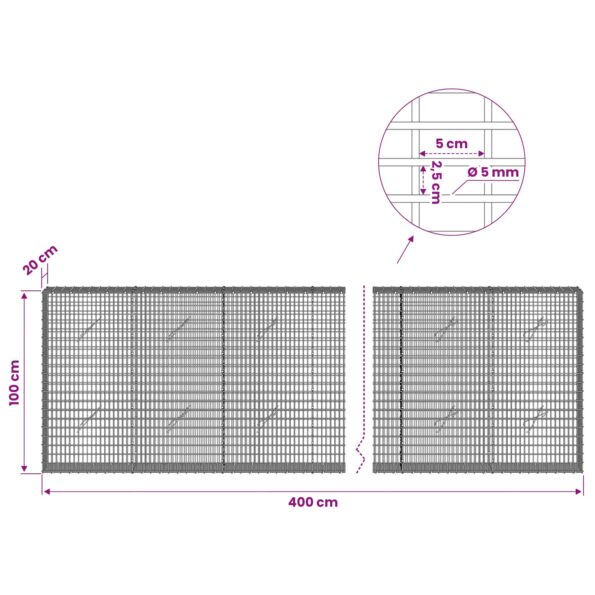 vidaXL Gabión s drôtom 5 mm a sieťou 5x2,5 cm 400x20x100 cm – Obrázok 6