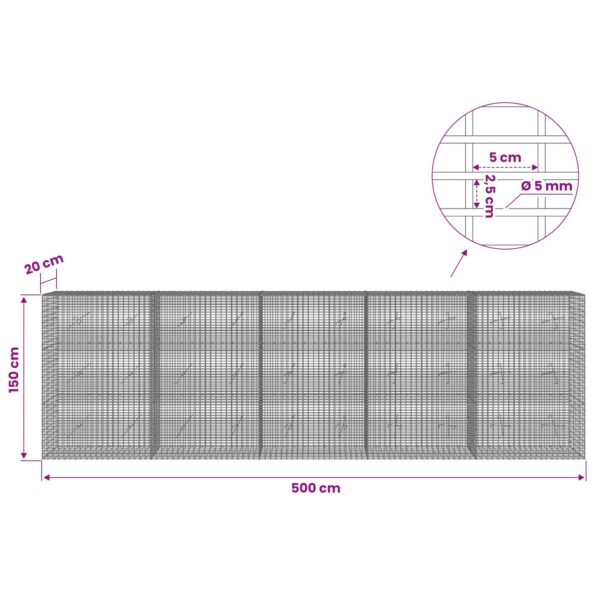 vidaXL Gabión s drôtom 5 mm a sieťou 5x2,5 cm 500x20x150 cm – Obrázok 6