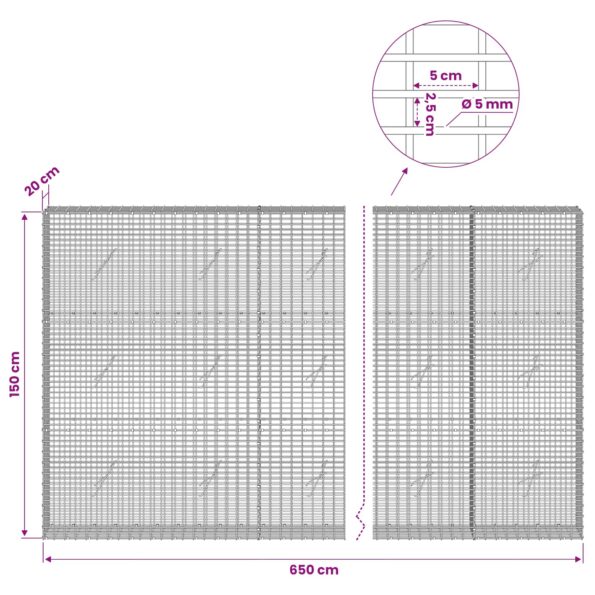 vidaXL Gabión s drôtom 5 mm a sieťou 5x2,5 cm 650x20x150 cm – Obrázok 6