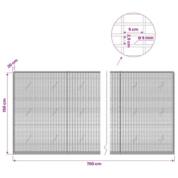 vidaXL Gabión s drôtom 5 mm a sieťou 5x2,5 cm 700x20x150 cm – Obrázok 6