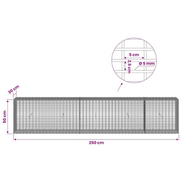 vidaXL Gabión s drôtom 5 mm a sieťou 5x2,5 cm 250x30x50 cm – Obrázok 6