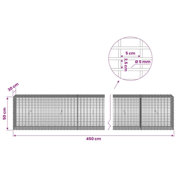 vidaXL Gabión s drôtom 5 mm a sieťou 5x2,5 cm 450x30x50 cm – Obrázok 6