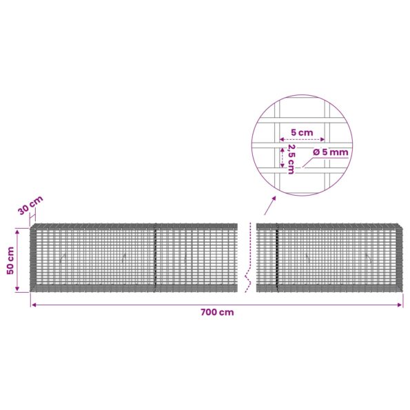 vidaXL Gabión s drôtom 5 mm a sieťou 5x2,5 cm 700x30x50 cm – Obrázok 6
