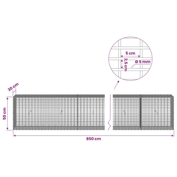 vidaXL Gabión s drôtom 5 mm a sieťou 5x2,5 cm 850x30x50 cm – Obrázok 6