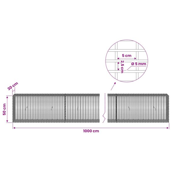vidaXL Gabión s drôtom 5 mm a sieťou 5x2,5 cm 1000x30x50 cm – Obrázok 6