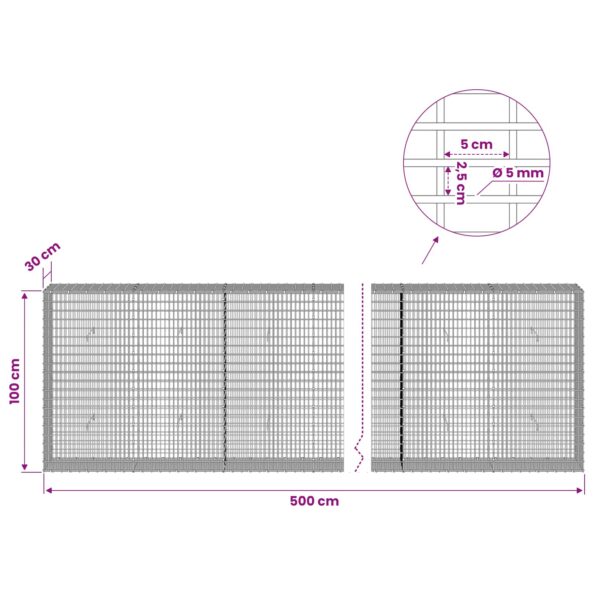 vidaXL Gabión s drôtom 5 mm a sieťou 5x2,5 cm 500x30x100 cm – Obrázok 6