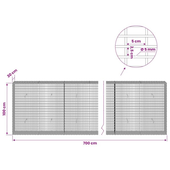 vidaXL Gabión s drôtom 5 mm a sieťou 5x2,5 cm 700x30x100 cm – Obrázok 6