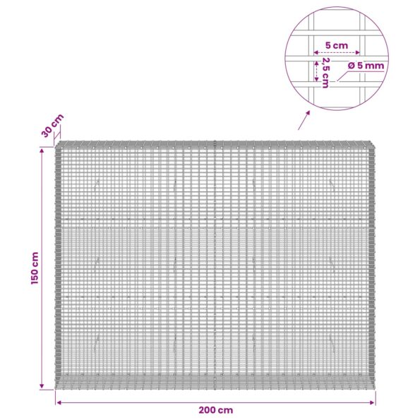 vidaXL Gabión s drôtom 5 mm a sieťou 5x2,5 cm 200x30x150 cm – Obrázok 6