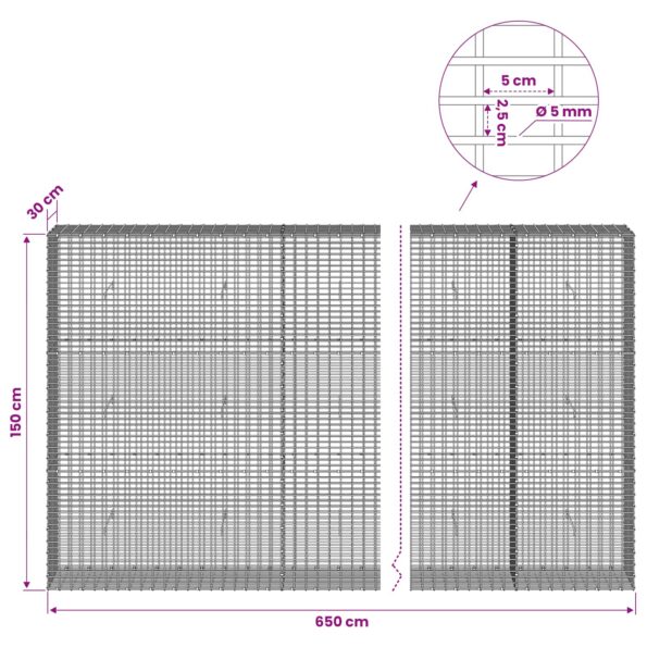 vidaXL Gabión s drôtom 5 mm a sieťou 5x2,5 cm 650x30x150 cm – Obrázok 6