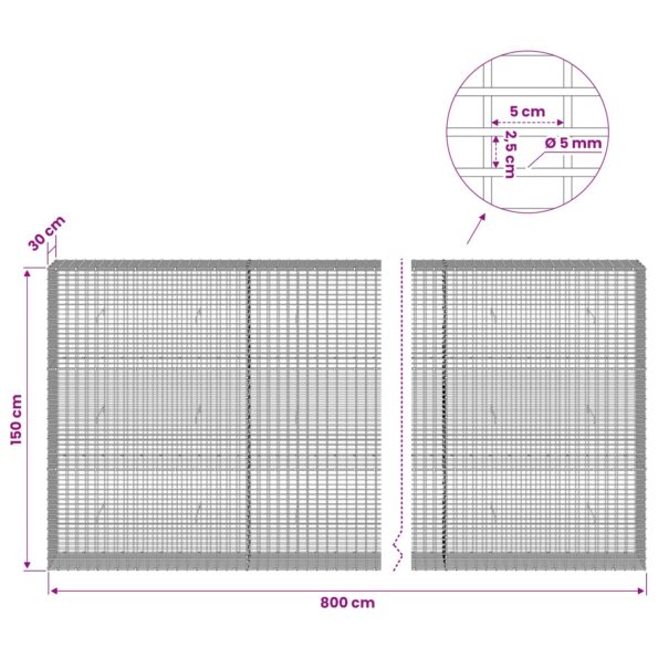 vidaXL Gabión s drôtom 5 mm a sieťou 5x2,5 cm 800x30x150 cm – Obrázok 6