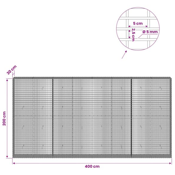 vidaXL Gabión s drôtom 5 mm a sieťou 5x2,5 cm 400x30x200 cm – Obrázok 6