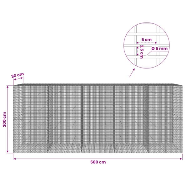 vidaXL Gabión s drôtom 5 mm a sieťou 5x2,5 cm 500x30x200 cm – Obrázok 6