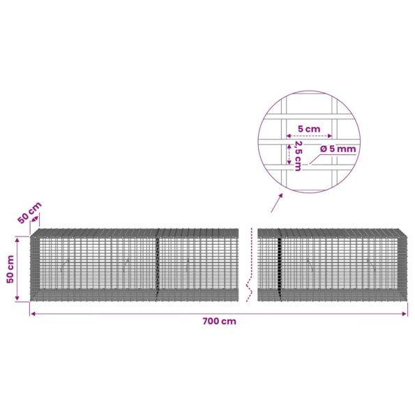 vidaXL Gabión s drôtom 5 mm a sieťou 5x2,5 cm 700x50x50 cm – Obrázok 6