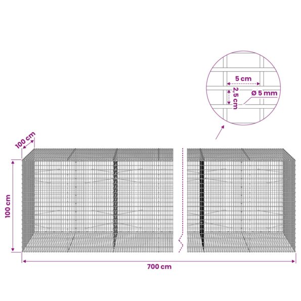vidaXL Gabión s drôtom 5 mm a sieťou 5x2,5 cm 700x100x100 cm – Obrázok 6
