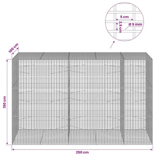 vidaXL Gabión s drôtom 5 mm a sieťou 5x2,5 cm 250x100x150 cm – Obrázok 6