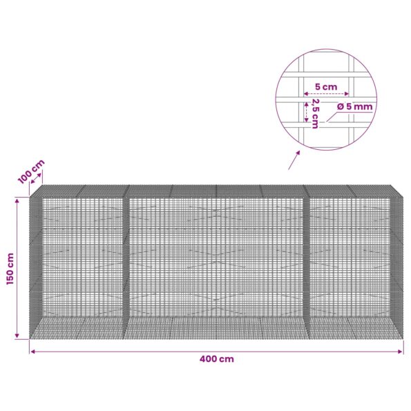 vidaXL Gabión s drôtom 5 mm a sieťou 5x2,5 cm 400x100x150 cm – Obrázok 6
