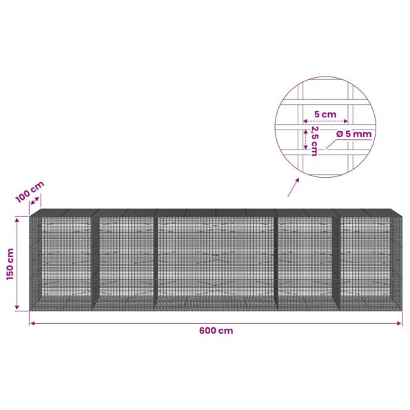 vidaXL Gabión s drôtom 5 mm a sieťou 5x2,5 cm 600x100x150 cm – Obrázok 6
