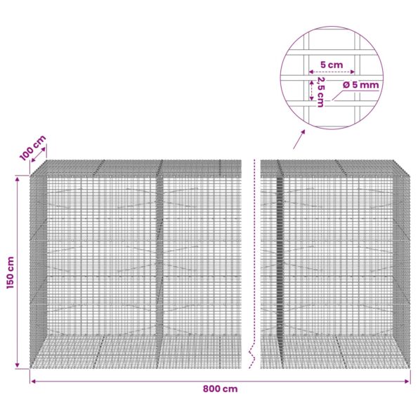 vidaXL Gabión s drôtom 5 mm a sieťou 5x2,5 cm 800x100x150 cm – Obrázok 6