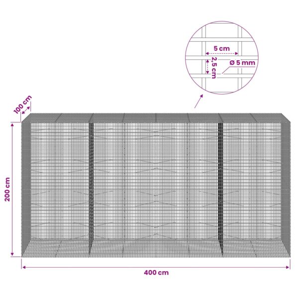 vidaXL Gabión s drôtom 5 mm a sieťou 5x2,5 cm 400x100x200 cm – Obrázok 6