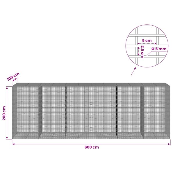 vidaXL Gabión s drôtom 5 mm a sieťou 5x2,5 cm 600x100x200 cm – Obrázok 6