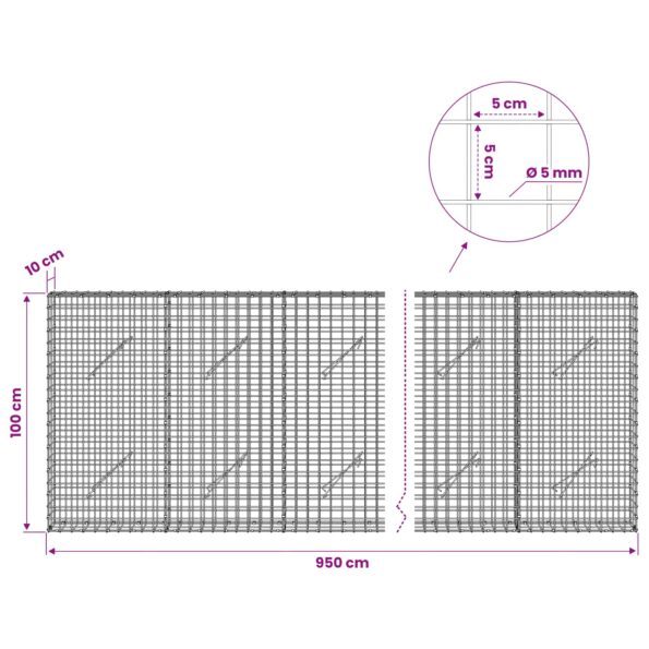 vidaXL Gabión s drôtom 5 mm a sieťou 5x5 cm 950x10x100 cm – Obrázok 6